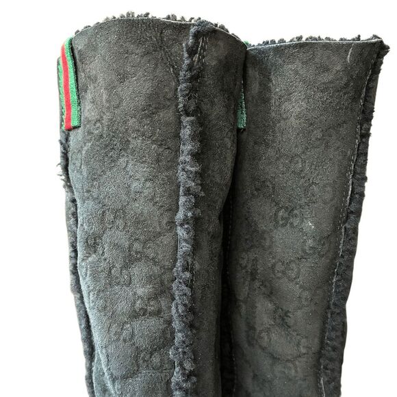 Gucci GG Monogram Web Black Suede Knee High Boots Size 7 Wedge Heel 14" Shaft - Picture 7 of 11